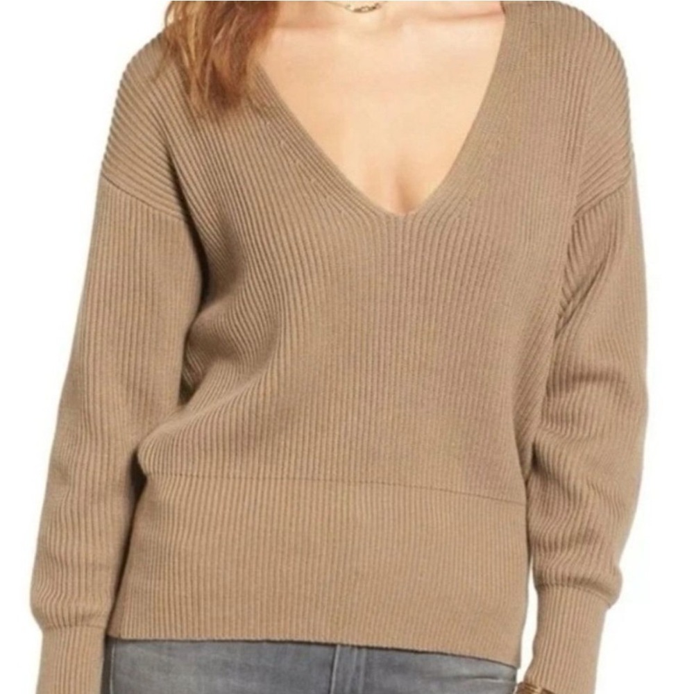Free People Allure Sweater Small Brown Oversized Deep V Neck Ribbed Knit Boho